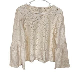 Chico’s Lace Bell Sleeve Top Ivory Sheer Knit Blouse Romantic Boho Size 1 (MED)